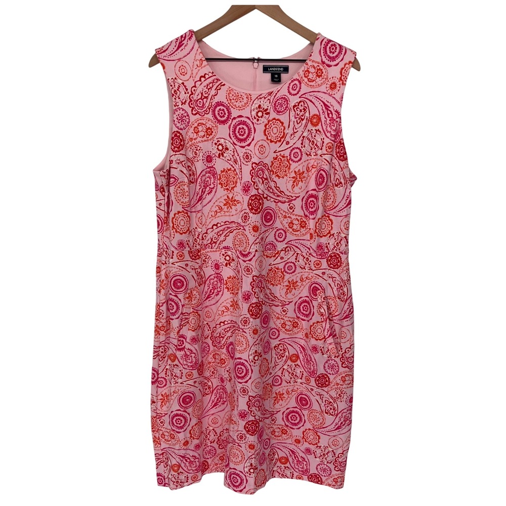 Lands End Sheath Dress Womens 18 Pink Paisley Sleeveless Pockets Knit Career